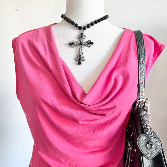 Y2K Hot Pink Cowl Neck Tank Top, 2000s, Baddie, Coquette,‎ Romantic, Large - Picture 2 of 4